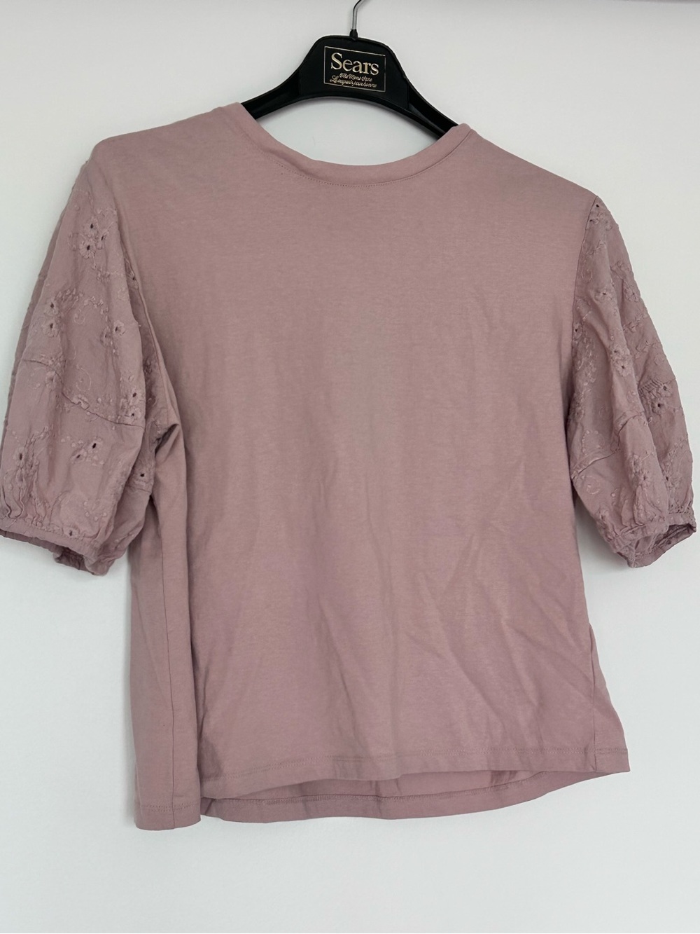 Cotton Crew-Neck Mix-Media Top with Short Puffy Sleeves sz M - Picture 2 of 8